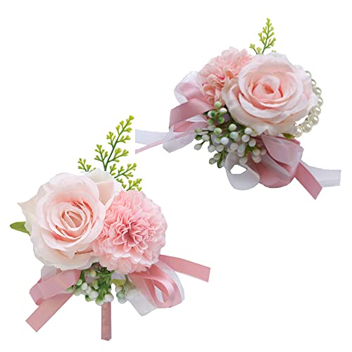 Wrist Corsage and Boutonniere Set for Bride Groom Bridesmaids Groomsmen Wedding Homecoming Flowers Prom Suit Accessories, Rose Boutonniere and Corsage Wristlet Flower - color: Pink