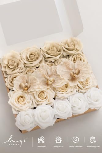 Ling's moment Artificial Flowers Fake Silk Orchid Faux Foam Roses Combo for DIY Wedding Bouquets Centerpieces Arrangements Bridal Shower Party Home Decorations, Tawny Beige & Sand Beige, 21pcs - color: Beg-tawny Beige & White