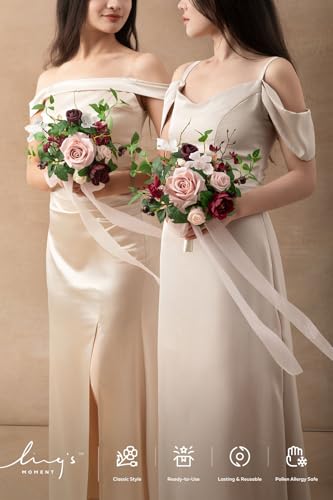 Ling's moment Artificial Bridesmaid Bouquets Set of 6,Burgundy Wedding Flower Bouquets Pink Floral Bouquet Mashala Bridal Bouquets with Ribbon,Ceremony,Anniversary,7-inch Diameter - color: Pk-marsala & Cream