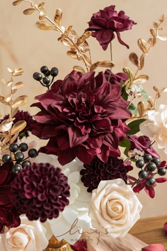Ling's moment Fake Flowers Box, Faux Artificial Greenery Stems Foam Roses Gardenias Berries Silk Dahlia Fabic Flower for Centerpieces Bouquet Wedding Floral Vase, Marsala & Soft Peach, Deluxe Combo - color: Red-marsala & Soft Peach, size: Deluxe