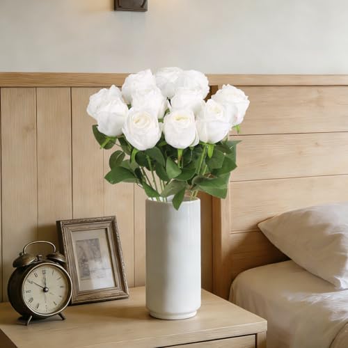 12Pcs White Roses Artificial Flowers 20" Vintage Silk Fake Roses with Stem for Vases Realistic Faux Roses Bouquet for Wedding Table Centerpieces Home Decorations DIY Party Arrangements (White) - color: White