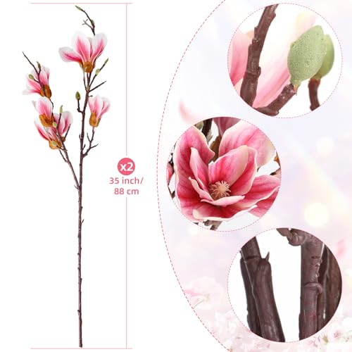 2 PCS 35inch Artificial Magnolia Flowers 3D Real Touch 10 Heads Faux Magnolia Flowers Realistic Long Stem with Green Leaves for Home Wedding Table Office Floral Arrangement Decoration (Pink) - color: Pink, size: 2 PCS