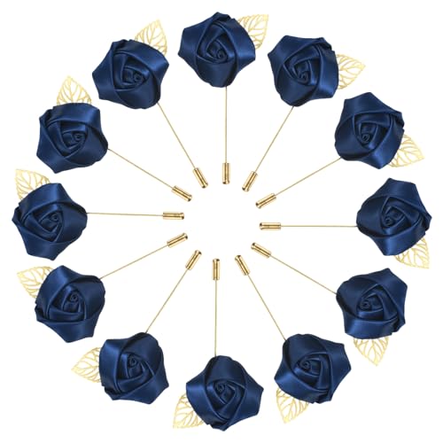M METERXITY 12-Pack Flower Lapel Pins for Men, Golden Leaf Rose Boutonnieres Pin for Wedding/Dance/Party, Mens Lapel Pins for Suits Satin Flower Corsage Hat Pins [Navy Blue] - color: Navy Blue