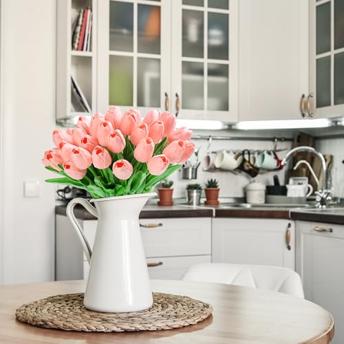 20pcs Pink Tulips Artificial Flowers Fake Silk Tulips Real Touch Flowers for Spring Kitchen Wedding Home Decor Arrangements Easter Decor 14 Inch - color: Pink