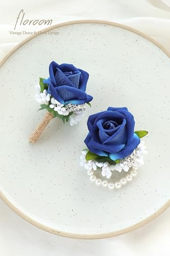 Floroom Royal Blue Rose Wrist Corsage Wristlet Band Bracelet and Men Boutonniere Set for Wedding Flower Accessories Prom Suit Decorations - color: Royal Blue
