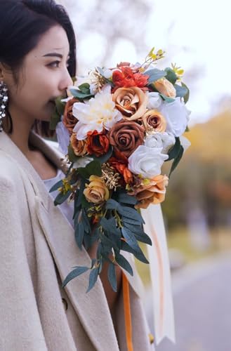 Wedding Bouquets for Bride Bridal Bouquet Bridesmaid Bouquet Tossing Bouquet for Wedding Ceremony Wedding Anniversary, Wedding Gifts, Chic Terracotta and Orange Style - color: Sunset Red