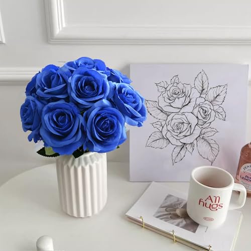 10 Pcs Blue Rose Artificial Flower, Faux Silk Flowers With Long Stems, Fake Roses Bulk Bouquet for Decoration Valentine's Day Centerpieces Proposal Bridal Bouquets Shower Party Home Floral Decor - color: Blue