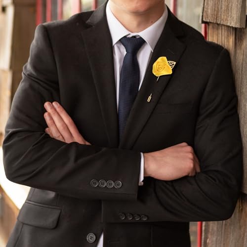 M METERXITY 1-Pack Flower Lapel Pins for Men, Golden Leaf Rose Boutonnieres Pin Groom Boutonnieres for Wedding/Dance/Party, Men Lapel Pins for Suits Satin Flower Corsage [Yellow] - color: Yellow
