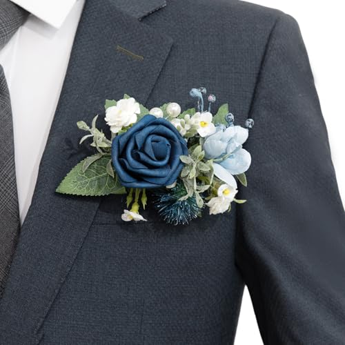 Ling's moment Pocket Boutonniere Single, Boutonniere for Men Groom for Wedding, Prom, Homecoming, Anniversary, Graduation, etc.Dusty Blue Navy, 6" W x 5" H - color: Blu-dusty Blue & Navy, size: 6" W x 5" H
