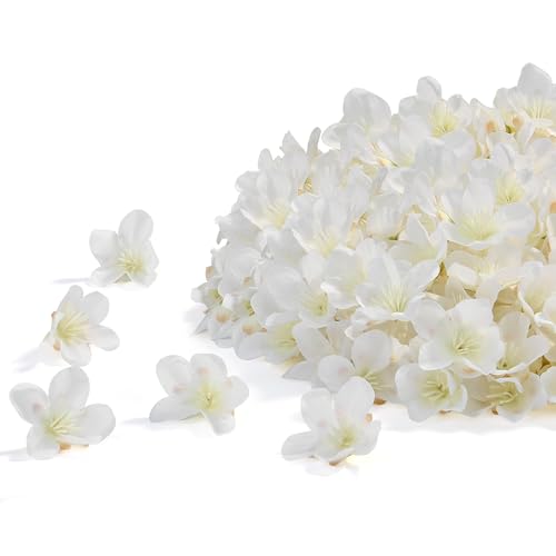 SITUMEIZI 100 Pcs Mini White Cherry Blossom Head Artificial Small Cherry Blossom Head Fake Silk Flower Head for Wedding Decor, Graduation Cap, Cake, DIY Flower Wall Party Decor 1.6 inches - color: White-cherry