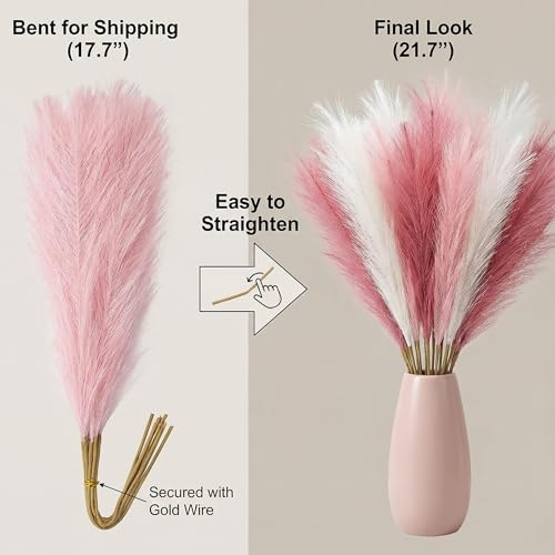 Pampas Grass Decor 30pcs 21.7 Inch, Faux Pampas Grass (White/Pink/Rose Red), Artificial Dried Flowers Look, Fluffy No Shedding for Boho Wedding Home Bedroom Vase Filler - size: Pink White Rose