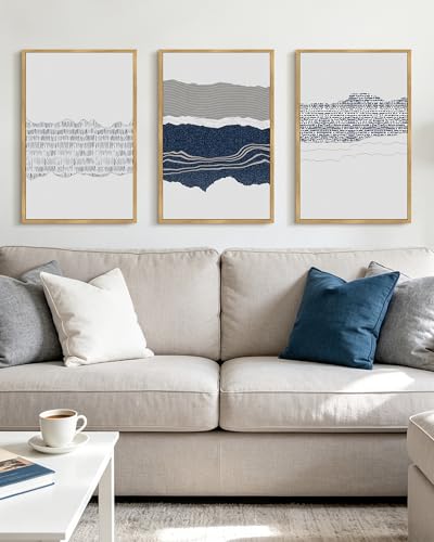 PHOPAGO Navy Blue Abstract Framed Wall Art Large 16x24in Mid Century Minimalist Boho Wall Decor Modern Neutral Farmhouse Rustic Art Bedroom Living Decor - Natural Framed - color: Blue Abstract, size: 24L" x 16W" x 3 Pcs Natural