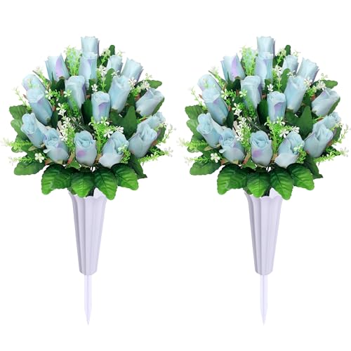 Artificial Cemetery Flowers for Grave,2Pack Memorial Roses Bouquets with Vase for Grave Tombstone Decorations(Blue) - color: Blue