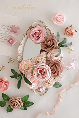 Lookein Artificial Flowers Combo Box for DIY Wedding Bouquets, Centerpieces, Arrangements, Party & Home Decor - Silk and Foam Flowers with Stems, Belle Blush - color: Athens Blush