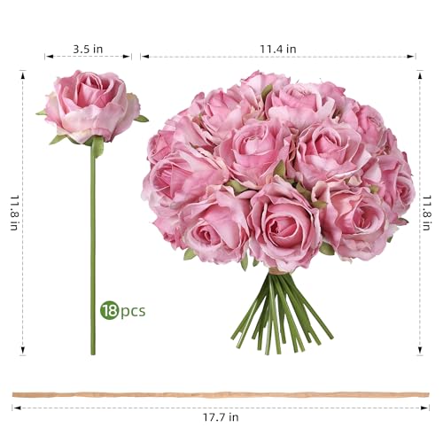 Ivydale 18pcs Pink Roses Artificial Flowers, Fake Roses Silk Flowers with Stems Realistic Bouquet for Wedding Party Mother's Day DIY Centerpiece Floral Romantic Gifts - color: Rose-a Pink