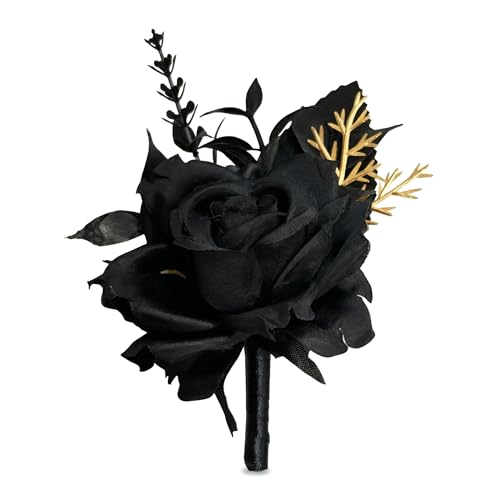 Wedding Flower Set with Rose Corsage and Boutonniere for Men (Black Boutonniere) - color: Black Boutonniere