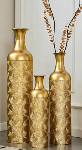 Tall Floor Vases Set of 3 for Decor Living Room Floor, White Vases Home Decor, Embossed Body Pattern, Geometric Cylinder (Gold 2) - color: Gold 2