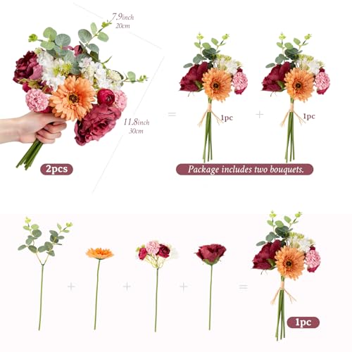 Zerzsy Artificial Flower Small Bouquet, 2 Bouquets Mixed Purple Artificial Peonies, Fake Flowers Bride Holding Flower Faux Flora for Bride Spring Home Desk Table Centerpiece Decor - color: Purple-4, size: 2 Bouquets