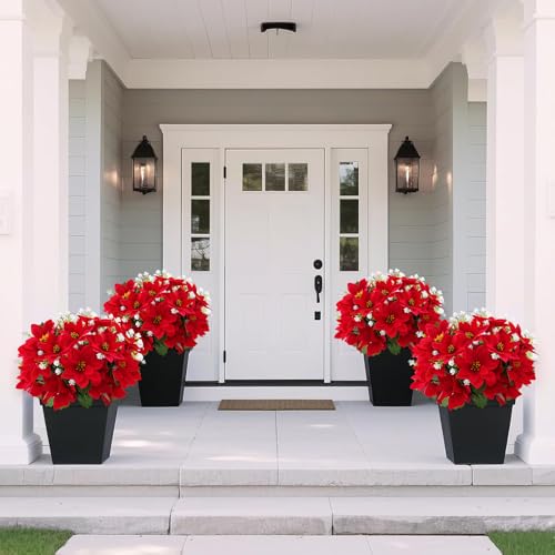 14'' Artificial Poinsettias Flowers for Outdoor,12 Bunches Mixed Fake Red Flowers Faux Eucalyptus Plants UV-Resistant for Home Garden Porch Christmas Winter Spring Outdoor Indoor Decor