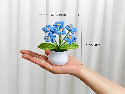 Knitting Crochet Flowers Cute Blue Handmade Forget Me Not Flower Plants Gift for Mom Women Teacher Birthday Anniversary Valentines Decor for Dashboard Home Office Desk Accessories - color: Blue