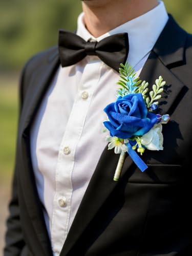Corsage and Boutonniere Set with Athens Blue Roses for Bride, Groom, Bridesmaids Groomsmen Weddings, Proms, Homecomings. Perfect Party Suit Decor Wedding Flowers Accessories (Athens Blue) - color: Athens Blue