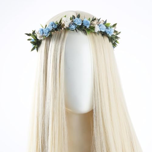 Blue Flower Crown Headband, Artificial Fairy Rose Floral Headpiece, Bridal Boho Flower Headbands for Women Maternity Birthday Wedding Renaissance Festival Party Hair Accessories - color: Blue