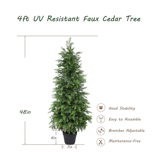 Bellacat 4ft UV Resistant Full Faux Cedar Tree with Soft Real Touch Leaves, 48in Lifelike Topiary Trees Artificial Outdoor, Fake Cypress Tree for Front Door Porch Patio Deck Home Decor, 2Pack - color: Green-2pack, size: 4ft