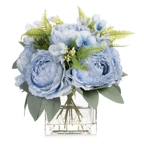 ENOVA FLORAL Artificial Flower Arrangement with Vase,Mixed Artificial Silk Peony Flower in Vase for Decoration Home Office, Wedding Centerpiece (Blue) - color: Blue