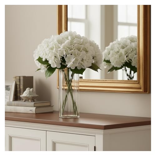 Artificial Hydrangea with Ribbed Glass Vase, 4 Stems, 12" | Real Touch Latex Faux Flowers, 10" Bloom Dia, Maintenance Free, for Table Centerpiece, Home Wedding Office Decor