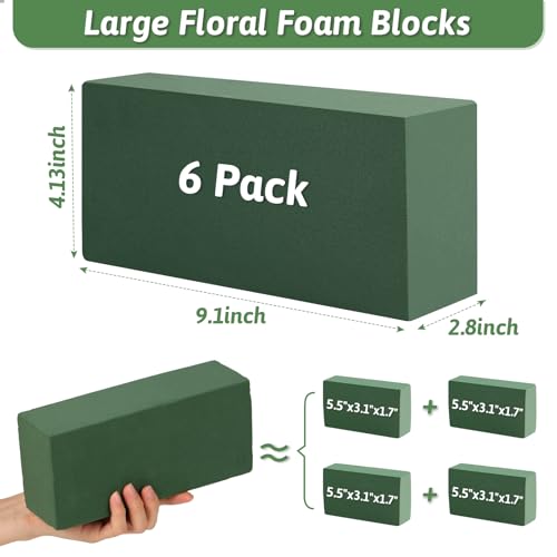MAPVOLUT 6 Pack Green Floral Foam Blocks (9.1"x4.1"x2.8") + 2 Rolls Waterproof Floral Tape | Wet & Dry Flower Arrangement Foam for Fresh/Silk Flowers, DIY Crafts, Weddings, Centerpieces