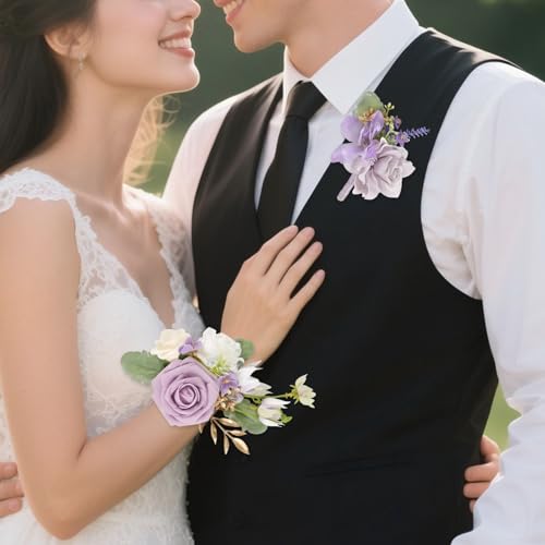 2Pcs Wedding Corsage and Boutonniere Set Purple Rose Corsage Wristlet and Boutonniere for Men Women Groom Bride Bridesmaid Groomsmen Wedding Party Accessory Prom Decoration (Purple) - color: Purple