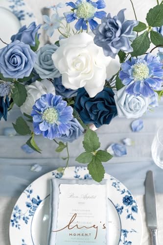 Ling's moment Fake Flowers Box, Artificial Faux Greenery Stems Silk Leaves Foam Rose for Wedding Bouquets Centerpieces Table Decorations Backyard Floral Arrangement, Dusty Blue & Ivory, Deluxe Combo - color: Blu-dusty Blue & Ivory & Sage, size: Deluxe