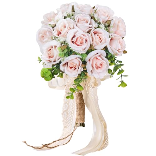 Wedding Bouquets Large for Bride, Bridal Silk Artificial Flowers 14pcs Pink Champagne Roses 10 in Fake Flowers for Wedding Party, Ceremony, Anniversary & Home Decor(Come with 4 kinds of Ribbons) - color: Pink Champagne, size: 14pcs*10 inches