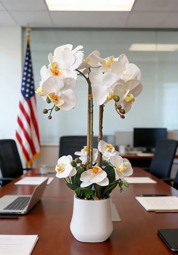 Fake Orchid Faux Flowers 18.9In Tall White Orchid Artificial Flowers Plants Home Office Decor 17 Heads Realistic Potted Orchids Faux Flowers in Ceramic Pot for Table Centerpieces Arrangements - color: White