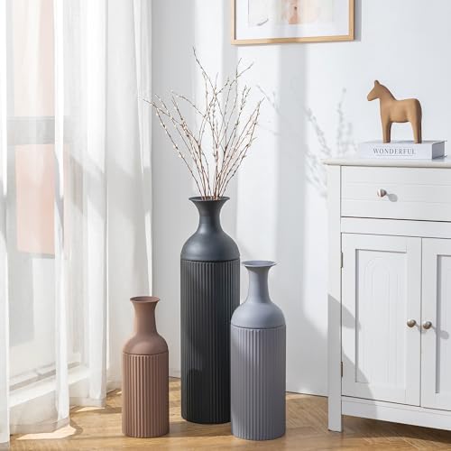 Sziqiqi Metal Tall Floor Vase: Tricolor Large Ribbed Floor Vasess 27/20/16in for Living Room - Farmhouse Earth Tones Vases for Pampas Grass - Oversized Standing Vase for Fireplace Home Corner Hallway - color: Earth Tone