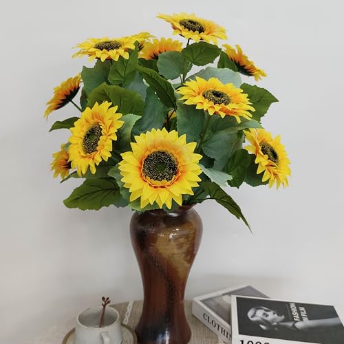 ATFL 12PCS Yellow Sunflowers Artificial Flowers, 24''Fake Silk Sunflower with Long Stem, Artificial Sunflowers for Fall Home Decor, Baby Shower, Wedding Decor and Cemetery Flowers Decor - size: 24"