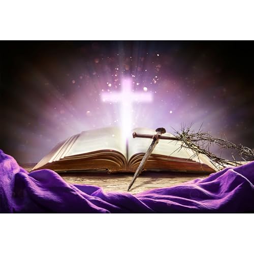 Holy Bible Cross Backdrop Purple Holy Light Glowing Crucifix Crown of Thorns Photography Background God Belief Jesus Christ Biblical Backdrop Christian Church Sanctuary Easter Background 5x3ft - color: Purple, size: 5x3ft
