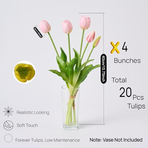 Avoeco 20Pcs Artificial Tulips Flowers Real Touch Latex – Faux Tulips Bouquet for Home Decor, Wedding Centerpieces, Spring Floral Arrangements, Fake Flowers for Vase Decoration (20, Pink Light) - color: Pink Light