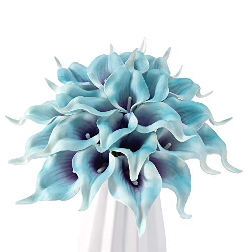 Crafjie 22pcs 13.4 Inch Lataex Real Touch Artificial Calla Lily Flowers, for Home Decor for Spring Flowers, Home Kitchen, Wedding Decorations, and centerpieces.（Purple in Blue） - color: Purple in Blue