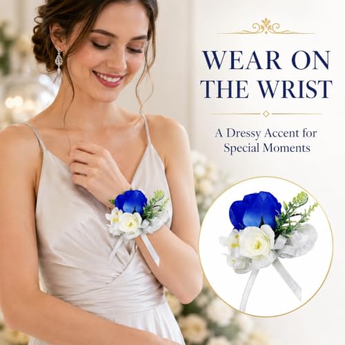 ChezMax Handmade Rose Wrist Flower Artificial Hand Flower with Ribbon 4 PCS for Bride Groom Wedding Prom Party - color: A-blue Wrist Flowers-4 Pcs
