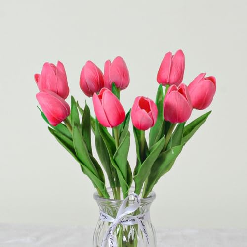 Artificial Flowers Tulips Fake Flowers Real Touch Latex Tulips Faux Flowers Bouquet for Wedding Party Arrangements Home Decor and Baby Shower Centerpieces (10, Rose Pink) - color: Rose Pink