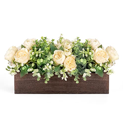 Dahey Centerpiece Table Decorations for Dining Room Farmhouse Table Centerpieces Decor Wood Tray with 3 Artificial Flowers and 2 Eucalyptus for Living Room Kitchen Table, 14.1" x 4.7" x 3.1" - color: Champagne