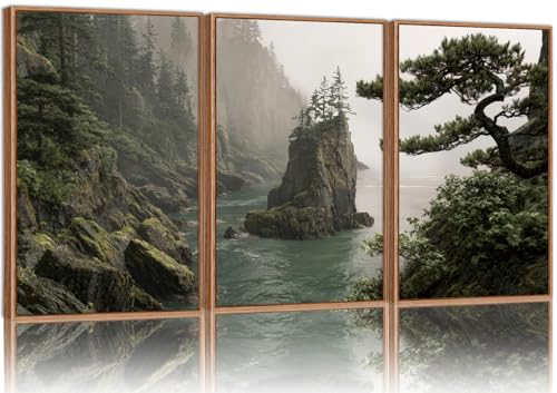 Rantodecor Coastal Forest Framed Canvas Wall Art, Pacific Northwest Coast landscape Wall Decor, Nature PNW Mountain Sea Art Paintings, Sage Green Pine Artwork for Bedroom Living Room Office 24"x36"x3 - color: Coastal Forest, size: 36"x24"