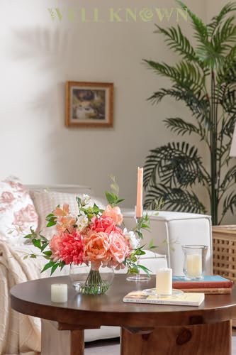 WELL KNOWN Artificial Flowers in Vase with Fake Water, Silk Peony Rose Flower Bouquet with Vase for Home Spring Decor Wedding Birthday Party Dining Table Centerpieces & Gift (Coral & Peach Plus) - color: Coral & Peach Plus