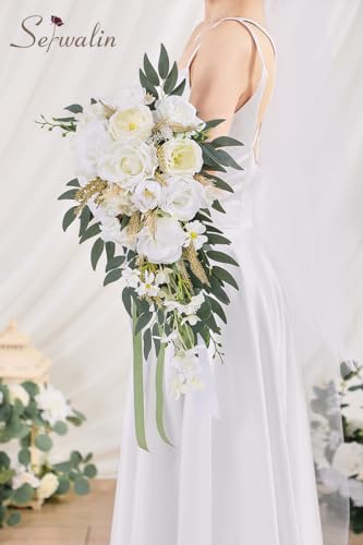 Serwalin 11 Inch Wedding Bouquets for Bride Bridesmaid, Natural Whites Rose Bridal Bouquets for Bride, Wedding Flowers Bouquet Tossing Bouquet, Wedding Ceremony and Anniversary Decor - color: A Natural White