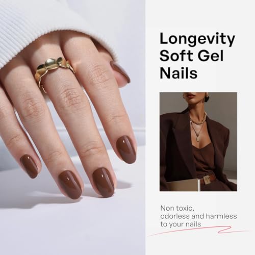 32Pcs Soft Gel Press on Nails for Women, Mocha Brown, Short Oval | Solid Color Glossy False Fake Nails Press Ons for Office Daily Wear, Salon Quality Reusable Glue & Stick on Nail Gift Kit - color: 5K-Mocha Brown