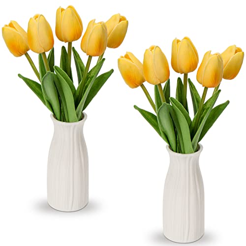 Briful 2 Packs Faux Flowers Artificial Tulips with Ceramic Vase, Poly Foam Yellow Tulips Real Touch Flower Arrangement for Home Kitchen Wedding Centerpiece Decoration - color: Yellow