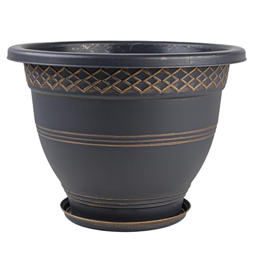 Usocik 8 Inch Plaid Plant Pots 6 Pack with Drainage and Saucers Gold | Gold plaid PP pots with drainage holes and saucers for herbs succulents starter plants shelves windowsills - color: Gold, size: 8 Inches-6 packs