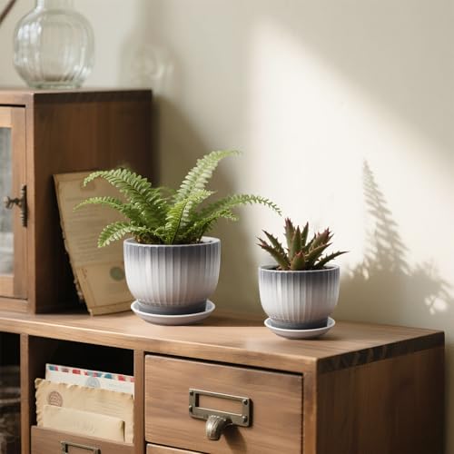 6.7 + 5.5 Inch Ceramic Plant Pots,Planters with Drainage and Saucer,Indoor Pots for Plants,Modern Flower Pots for Home and Office（Gray + White） - color: Gray + White