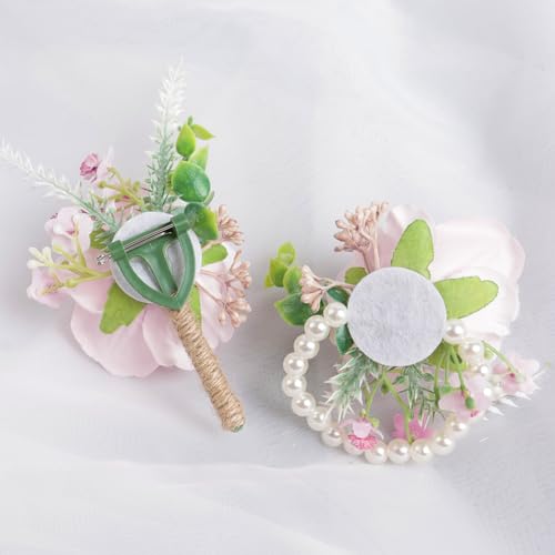 Alizeal 2Pcs of Wrist Corsage and Boutonniere Set, Artificial Flowers Accessories Suit Decor for Wedding Prom Party Homecoming Ceremony, Pink - color: 701-pink